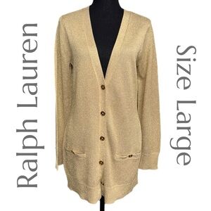 Lauren Ralph Lauren - Gold Metallic Silk Blend Button Front Sweater - Size Large